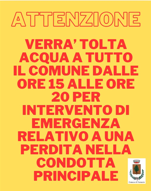 Attenzione! Interruzione acqua dalle 15.00 - 20.00 del 19/06/2026